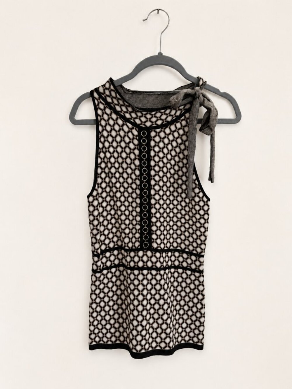 NY&Co 7th Avenue Geometric Tie-Neck Knit Tunic Top Black Tan Size S